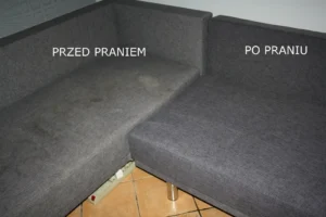 Dwie części sofy narożnikowej. Po lewej część przed praniem. Po prawej element tapicerki wyprany.